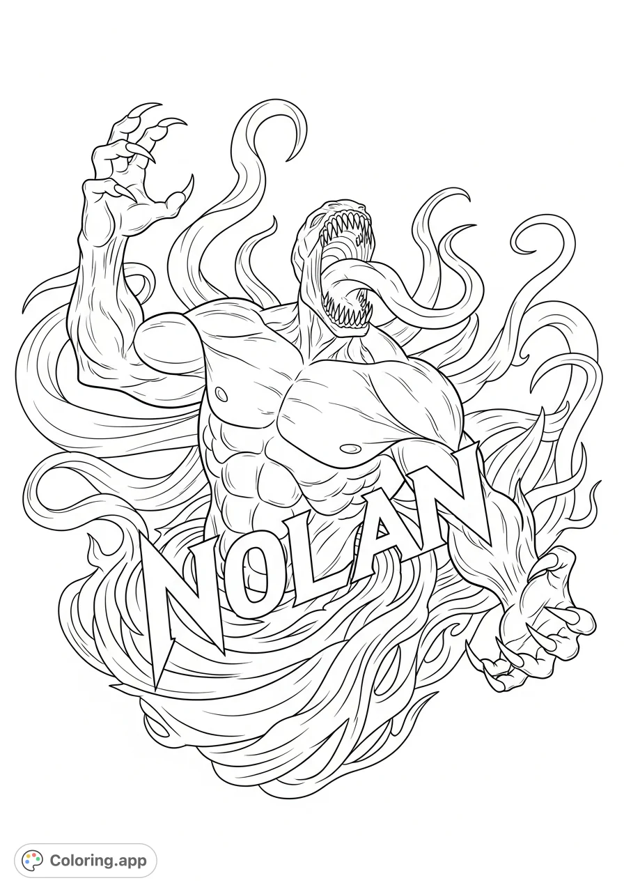 A powerful Venom-inspired figure featuring the name 'Nolan' in a striking, aggressive font. Dynamic tendrils and sharp features bring this symbiote design to life.