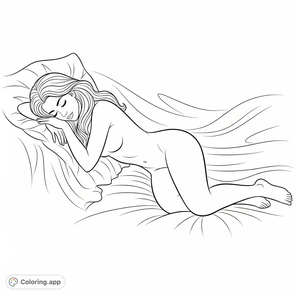 Explore the peaceful beauty of the human form with this elegant reclining figure coloring page. A serene composition inviting detailed shading and artistic expression.