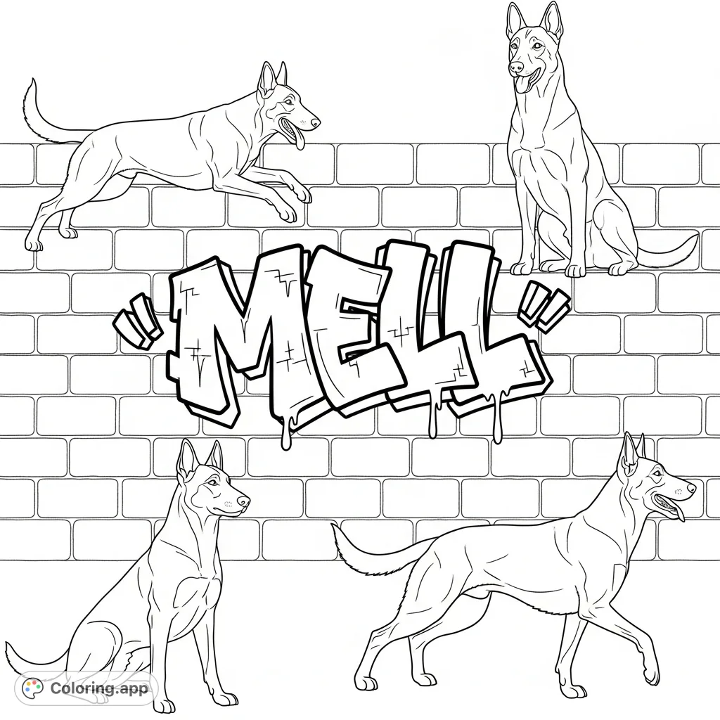 Unleash your creativity with this cool graffiti art featuring the name 'Mell' on a brick wall, guarded by three dynamic Malinois dogs. Perfect for personalizing!