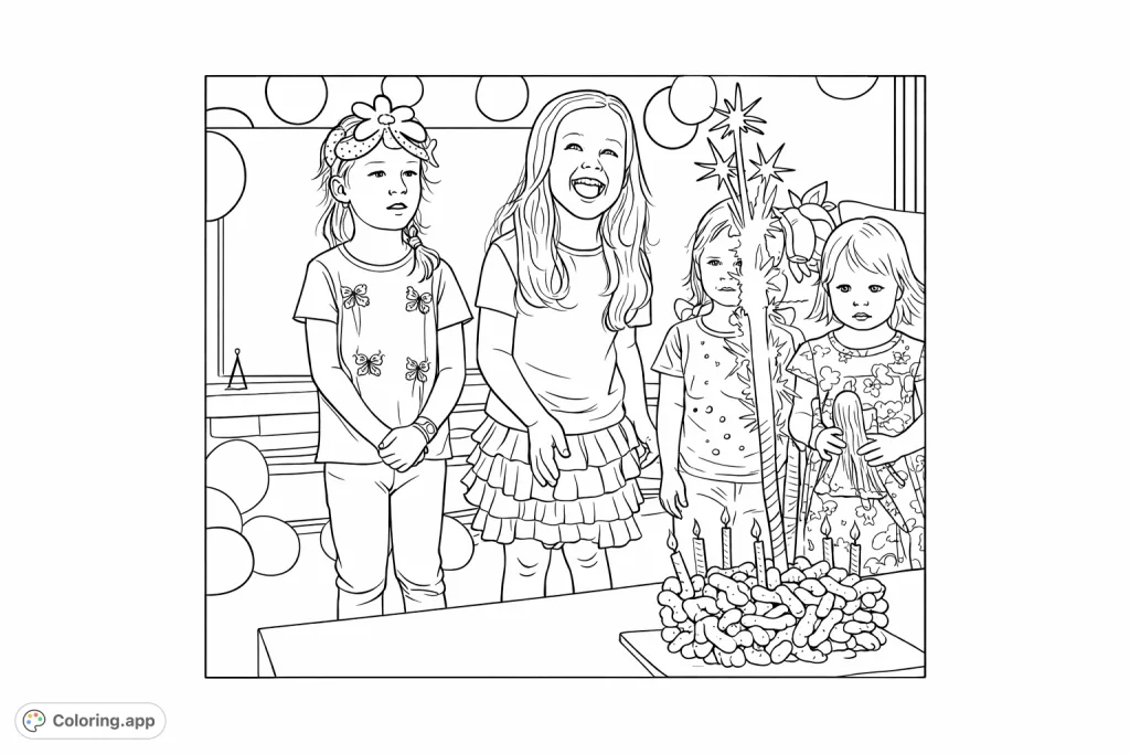 Capture the excitement of a birthday party with four children gathered around a cake with glowing sparklers and festive balloons. A joyful scene awaiting your creative touch.