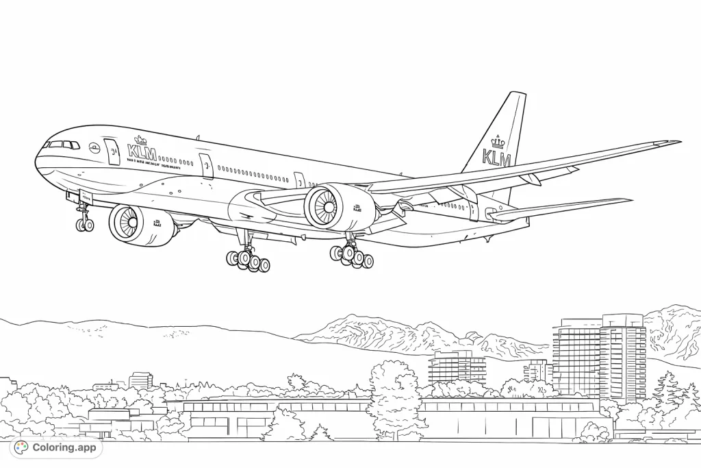 A detailed passenger jet flying with landing gear extended, set against a backdrop of distant mountains and city buildings. Perfect for aviation enthusiasts.