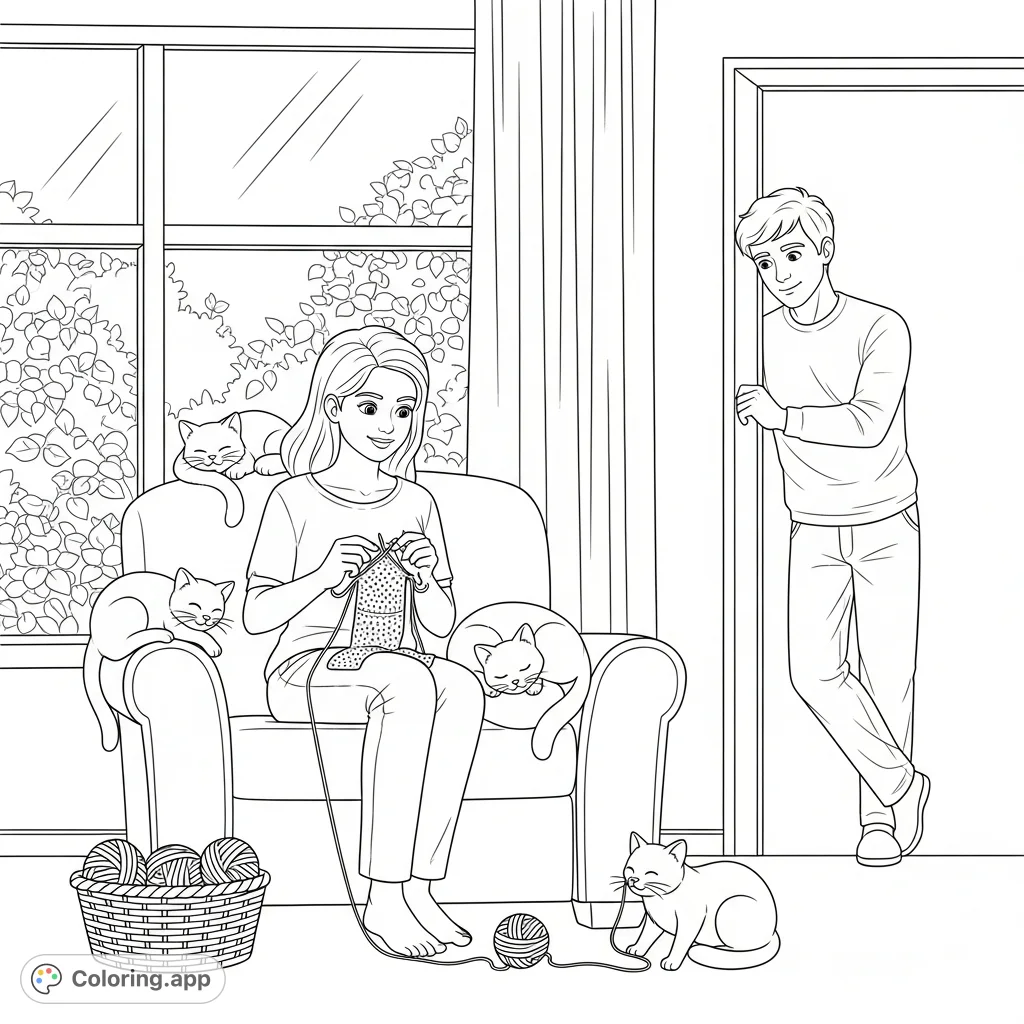 A heartwarming scene of a woman crocheting in an armchair, surrounded by playful cats and watched by a smiling man, offering a tranquil and detailed coloring experience.