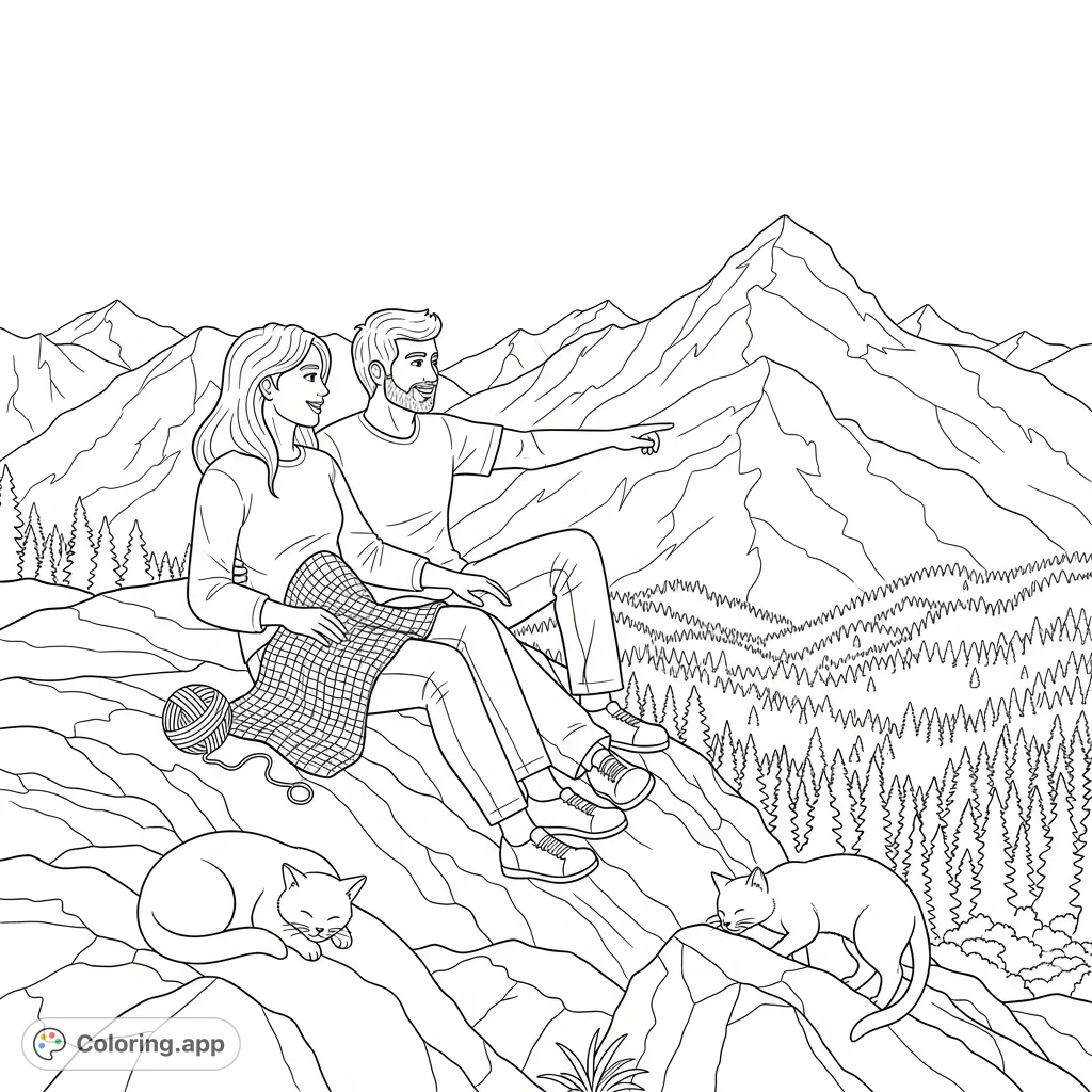 Discover serenity with this mountain retreat coloring page featuring a couple, two cats, and a detailed crocheted blanket amidst a breathtaking wilderness.