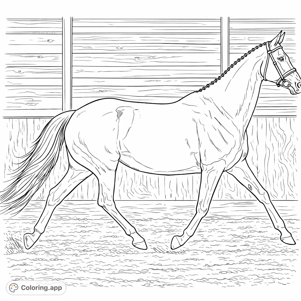 Capture the grace of an elegant horse in motion within a rustic arena. Perfect for equine enthusiasts to color and personalize with intricate details.