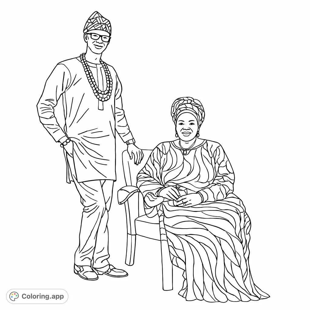 A distinguished couple in traditional garments. The man stands beside a seated woman, both adorned in patterned attire against a simple backdrop.