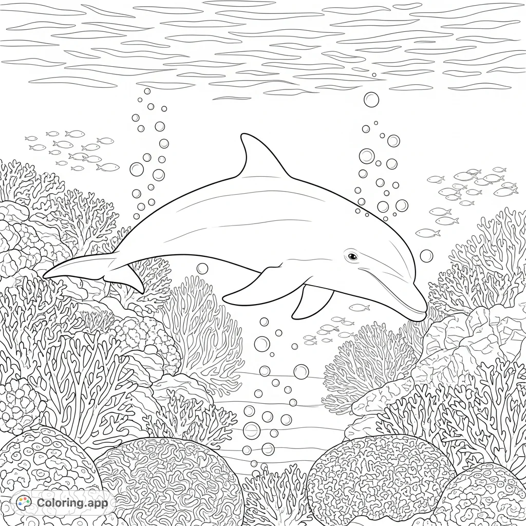 Dive into an enchanting underwater world with this dolphin and coral reef coloring page, featuring graceful marine life and intricate ocean details.