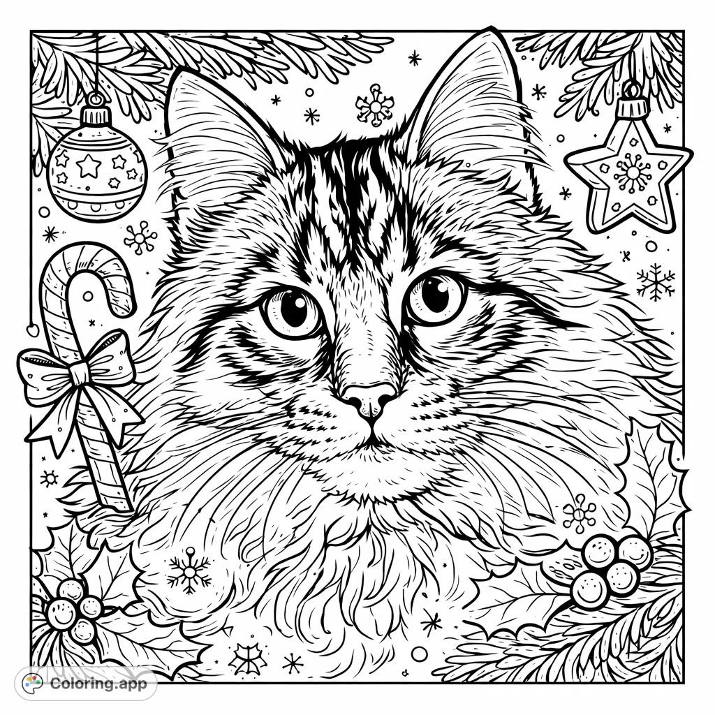 A detailed coloring page featuring a curious striped cat's face with wide eyes and distinctive fur patterns. Perfect for feline enthusiasts.