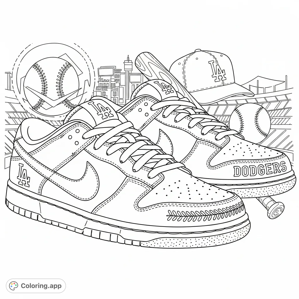 Detailed Nike Dunks Low Top sneakers with Dodgers-inspired elements, set against a backdrop of iconic baseball field details and team imagery. A perfect sports fashion coloring page.