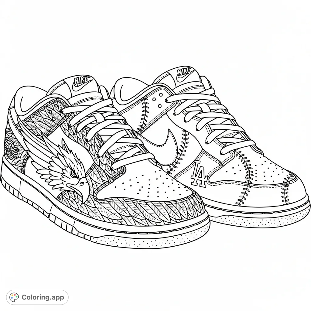 Color two iconic Nike Dunk sneakers! One features Philadelphia Eagles-inspired designs, while the other sports Los Angeles Dodgers motifs, perfect for sports fans.