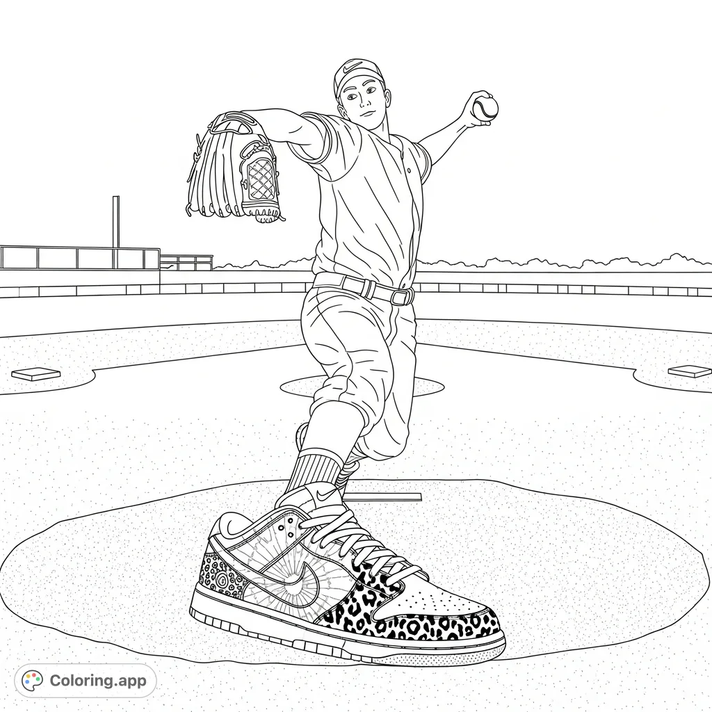 A dynamic pitcher on a baseball field, wearing custom low-top Nike Dunks with tie-dye, baseball, and animal print patterns. Perfect for sports and fashion fans!