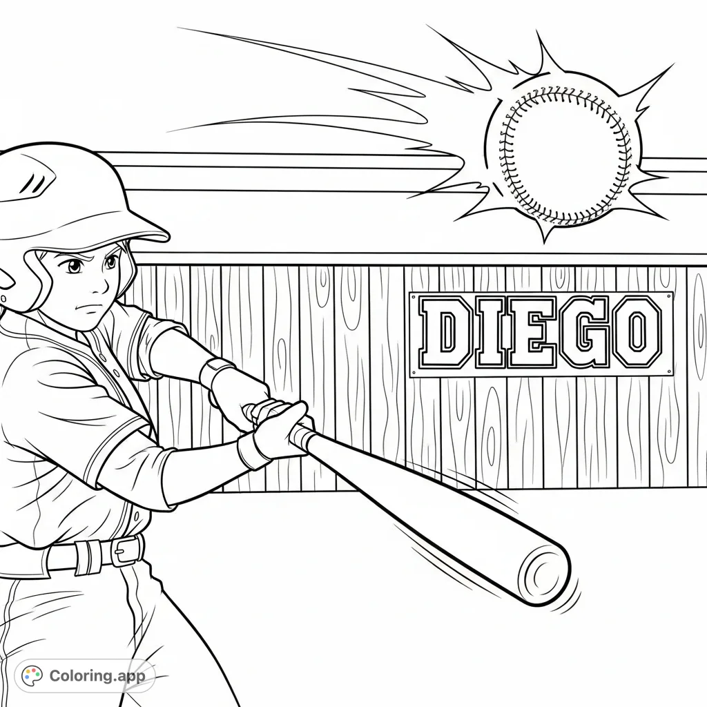 Capture the thrilling moment a baseball bat connects with the ball, featuring a determined boy and his name on a dugout fence. A dynamic baseball coloring page.