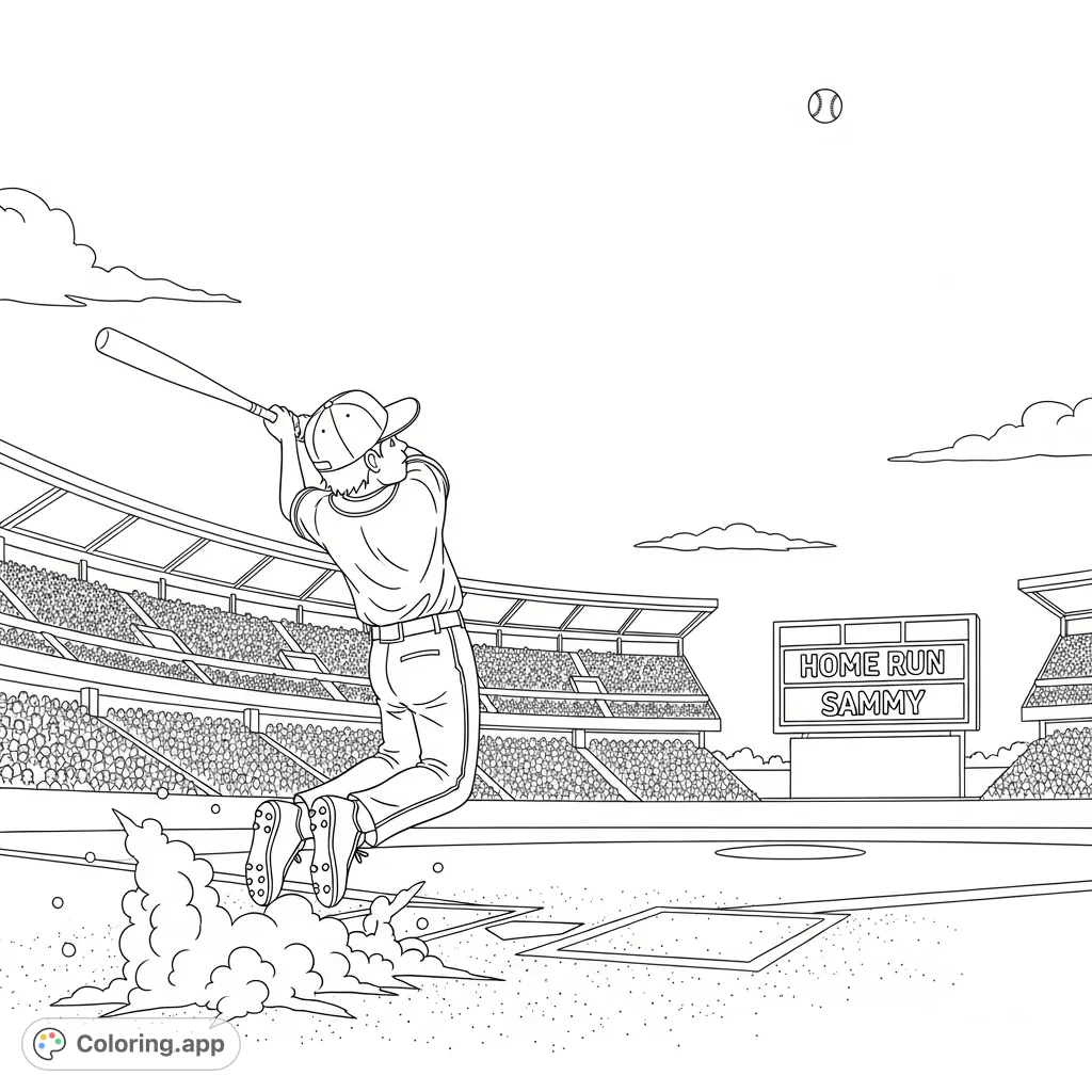 Witness the thrilling moment of a boy hitting a grand slam! A dynamic baseball scene featuring a mid-air swing, soaring ball, and 'HOME RUN' scoreboard.