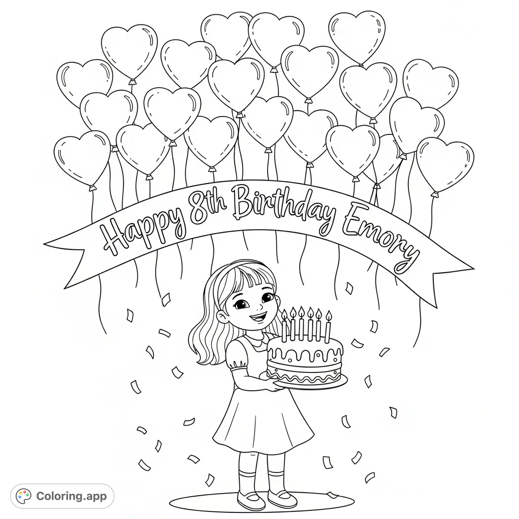Celebrate Emory's 8th birthday with this delightful coloring page! Features a happy girl, heart balloons, and a festive cake.