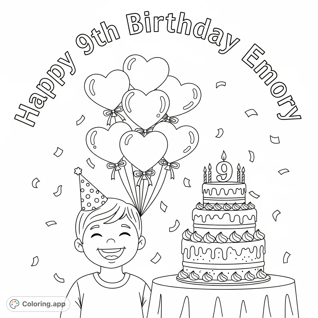 Celebrate Emory's 9th Birthday with this festive coloring page featuring heart balloons, a delicious cake, and the special message "Happy 9th Birthday Emory"!