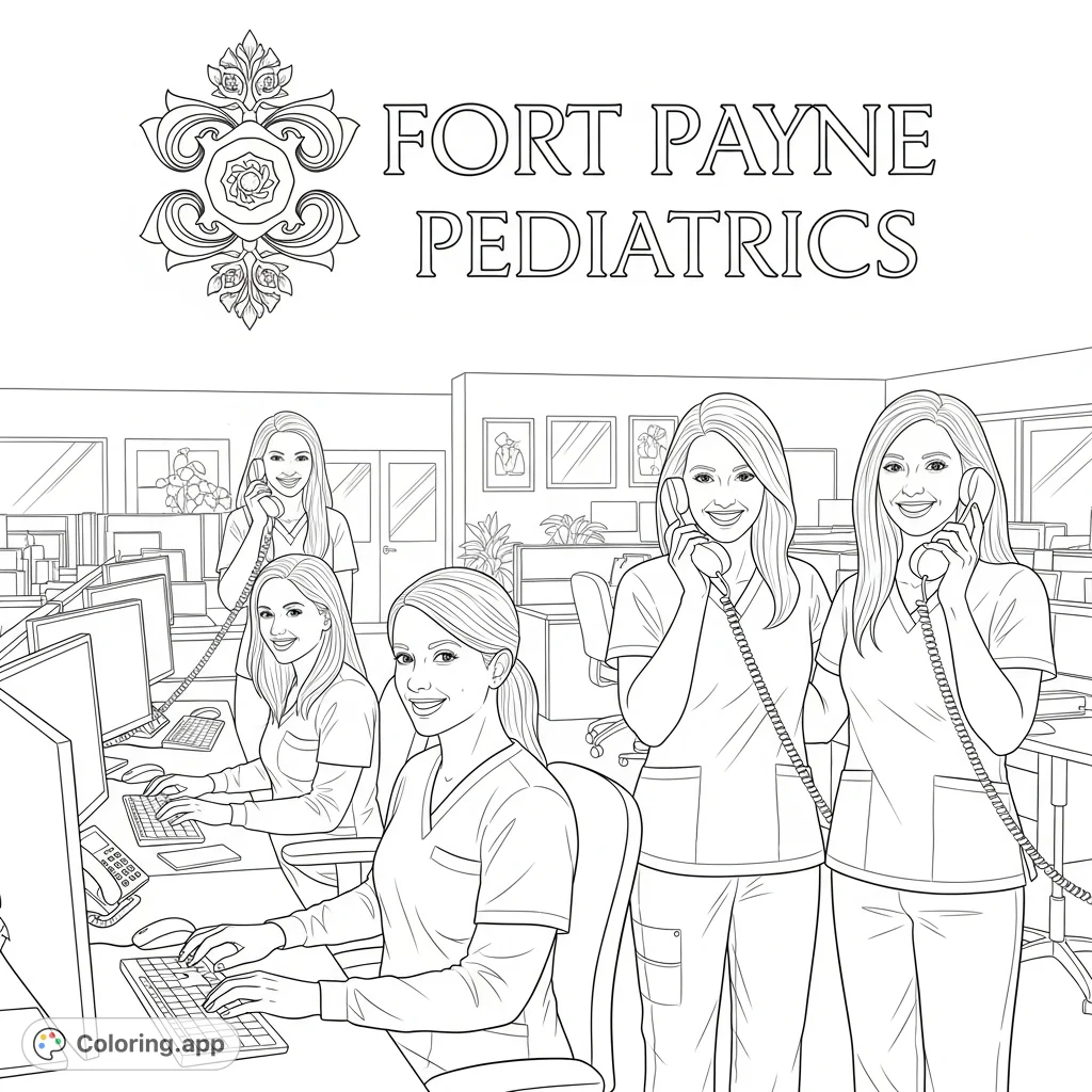 Discover the vibrant Fort Payne Pediatrics coloring page! Features four smiling women in scrubs, busy with computers and phones in a friendly office setting.