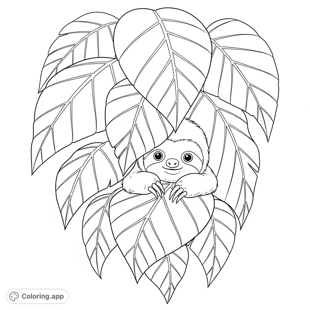 Discover a charming baby sloth nestled among large jungle leaves, its curious face and delicate paw visible. A delightful free printable sloth coloring page.