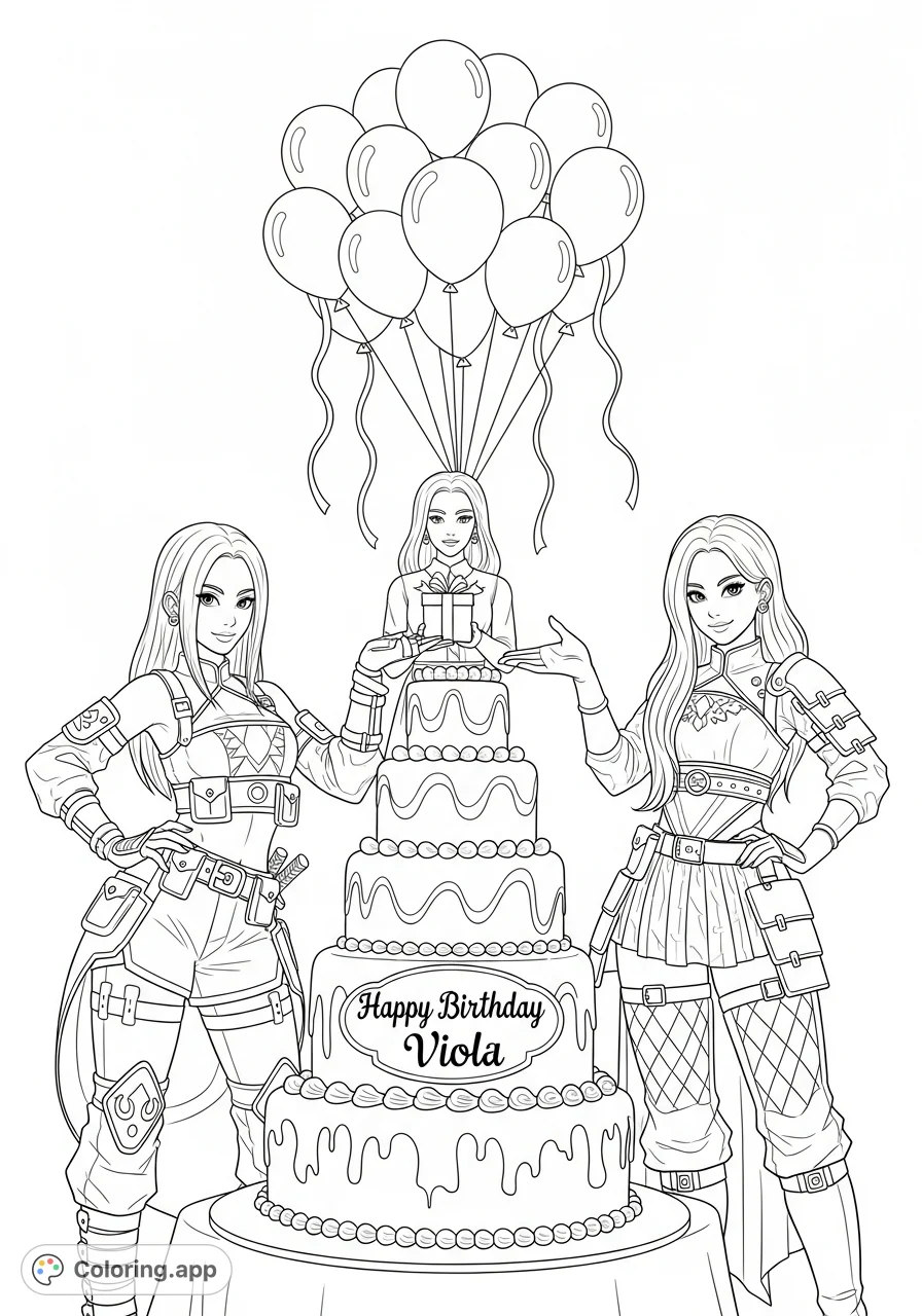 Two Kpop-inspired demon hunter girls, Rumi and Mira, celebrate 'Happy Birthday Viola' with a grand cake, a gift, and festive balloons.
