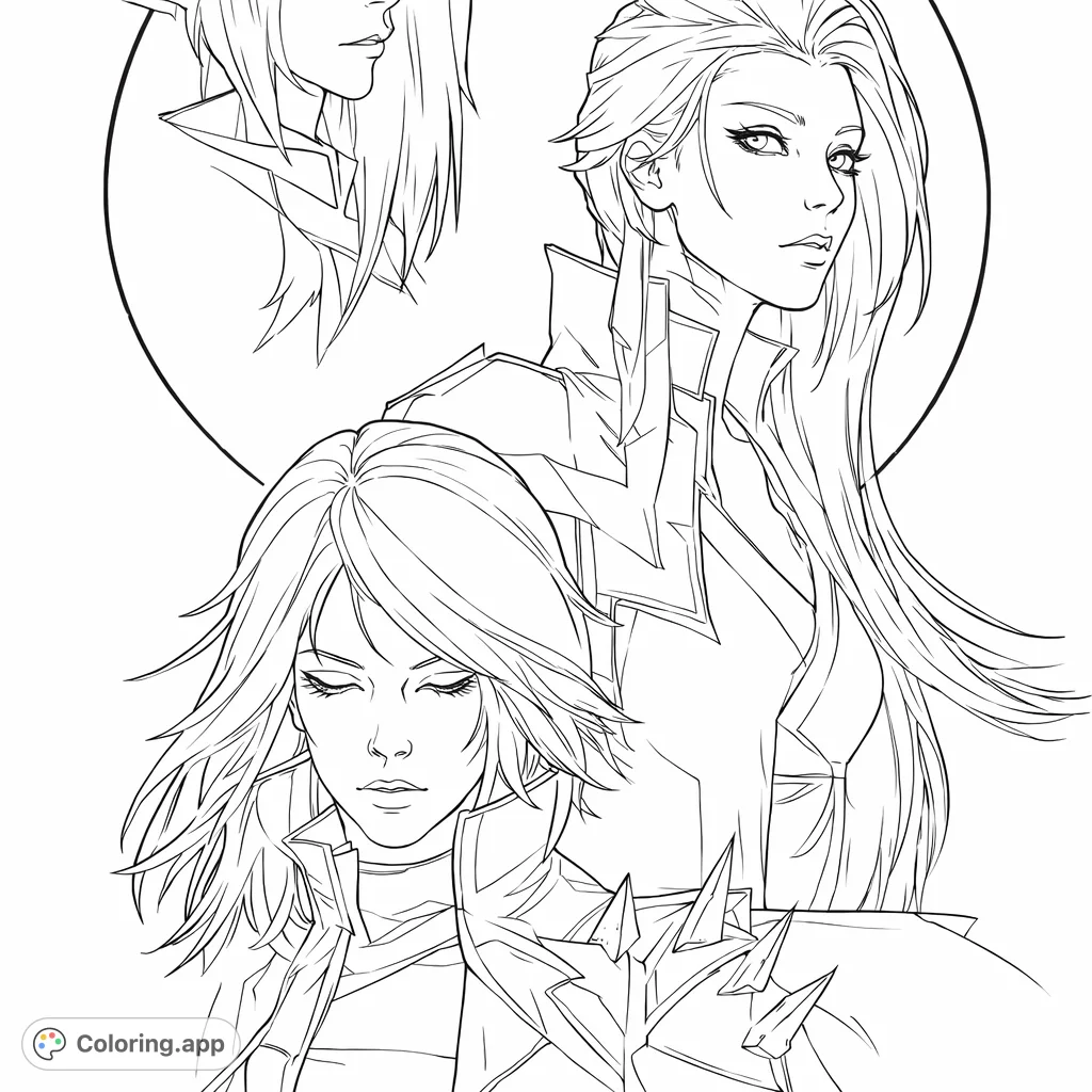 Unleash your creativity on this striking page featuring three enigmatic female figures amidst dynamic angular forms. A complex and engaging art piece.