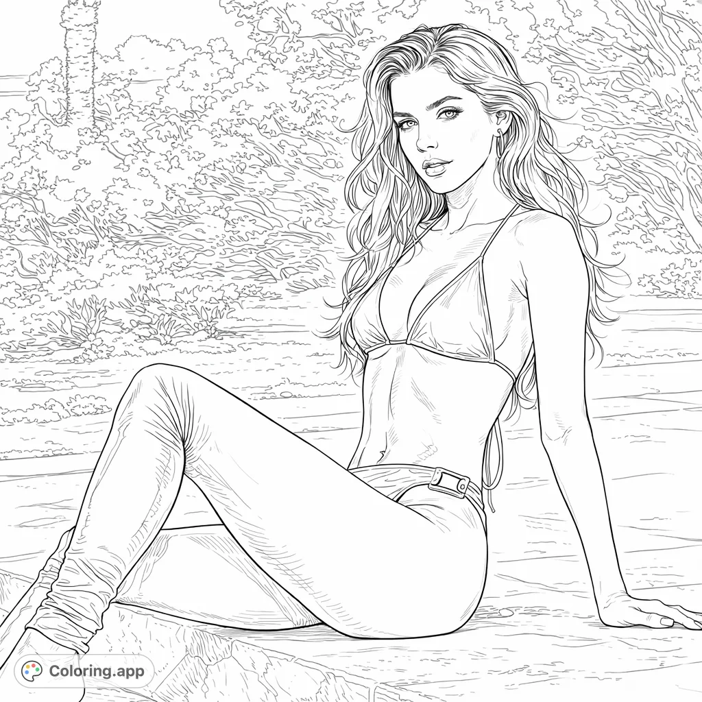 A detailed coloring page featuring a woman seated outdoors in metallic leggings and a two-piece swim attire. Perfect for artists seeking a realistic figure study.