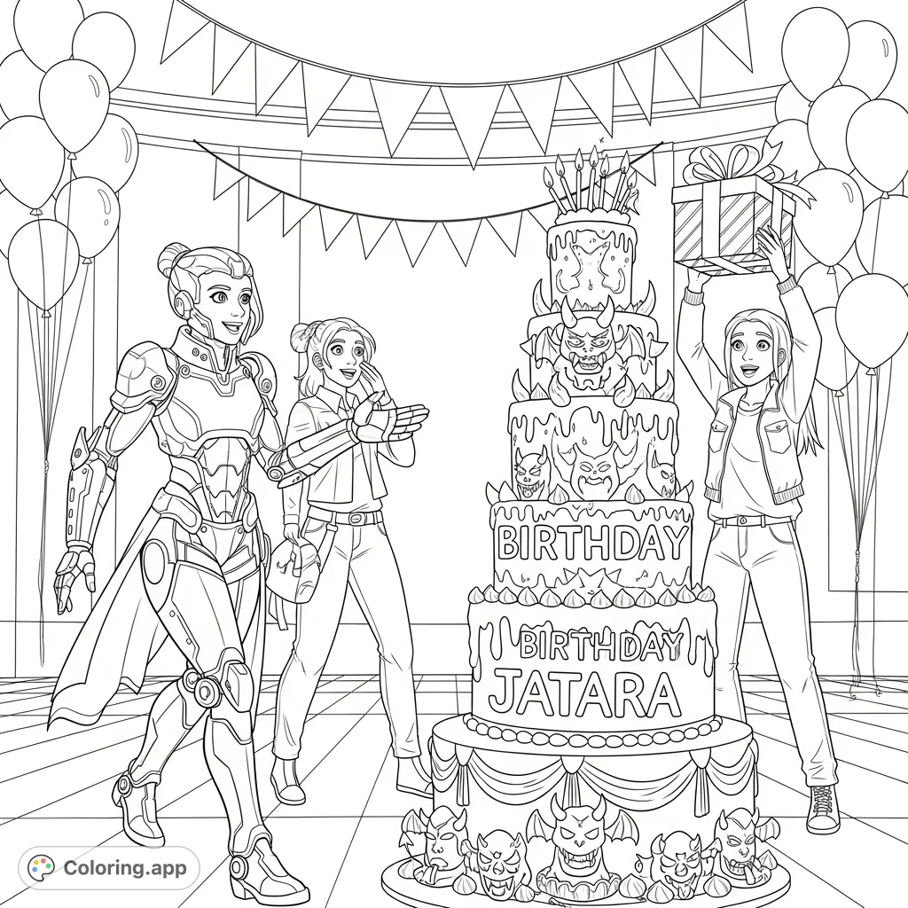 Step into a vibrant, balloon-filled hall as Rumi, Mira, and their friend celebrate with a towering multi-tiered demon theme birthday cake, wishing "Happy Birthday JaTara"!