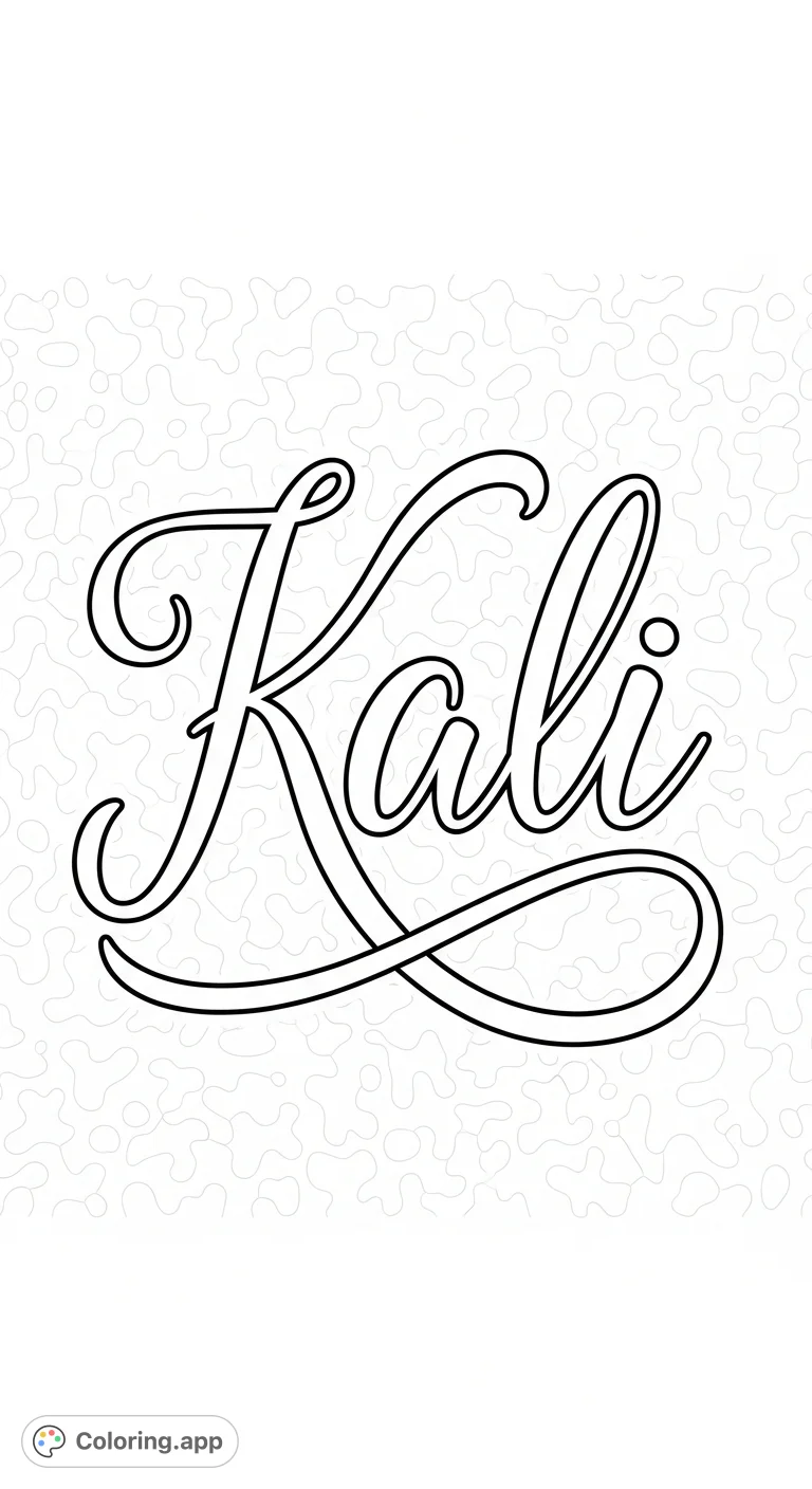 An elegant cursive "Kali" name coloring page, perfect for personalization or decorative projects. Features graceful script and subtle background details.