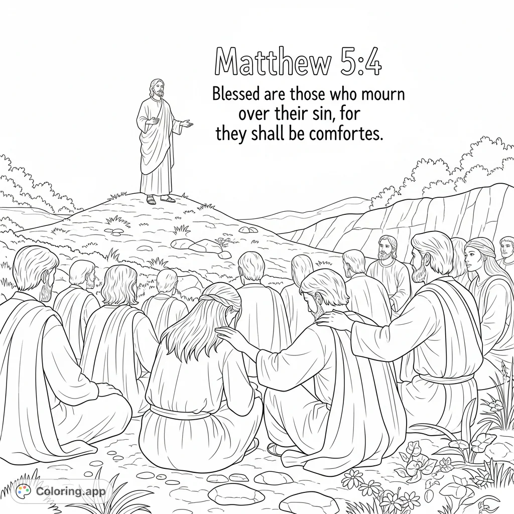 A profound Matthew 5:4 coloring page depicting the Sermon on the Mount, highlighting comfort for those who mourn over their sin amidst a serene landscape.