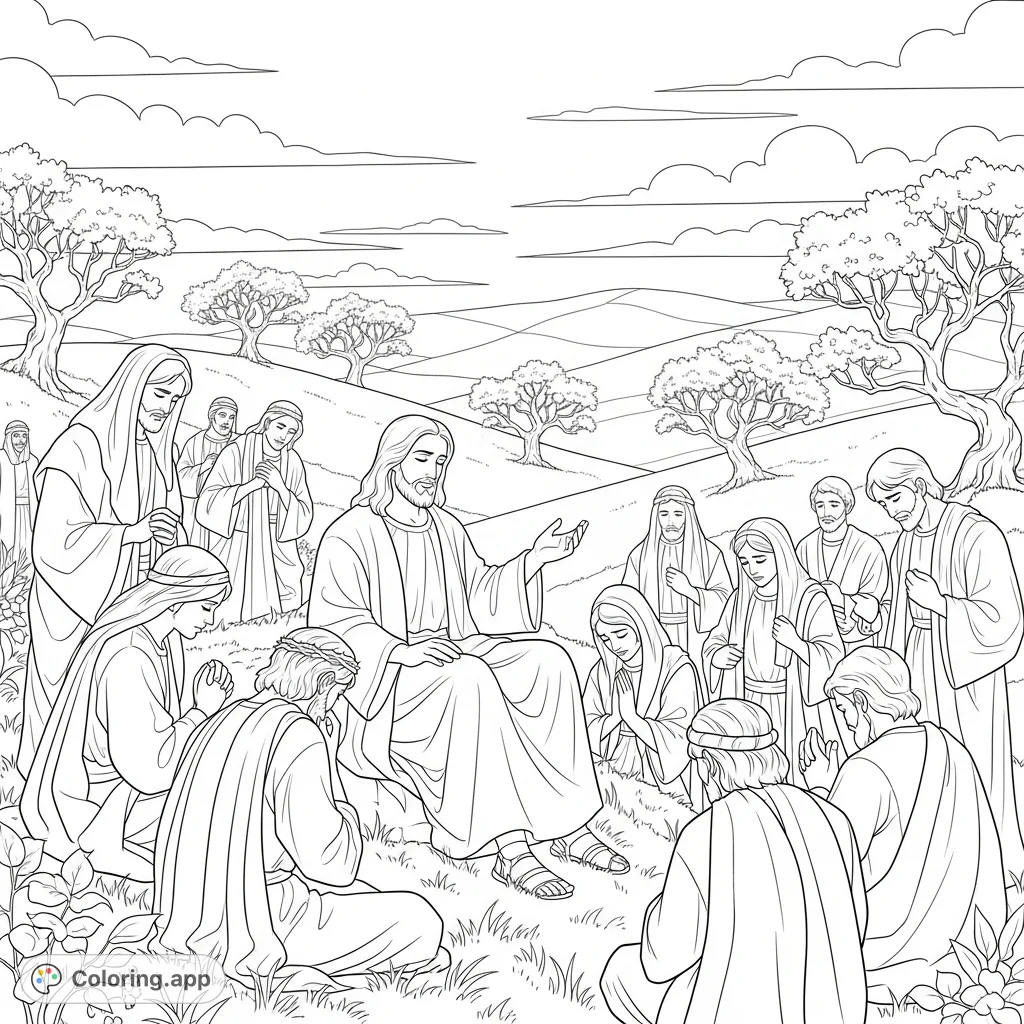 A serene Sermon on the Mount coloring page featuring Jesus comforting mourners, offering a moment of reflection and solace for all ages.