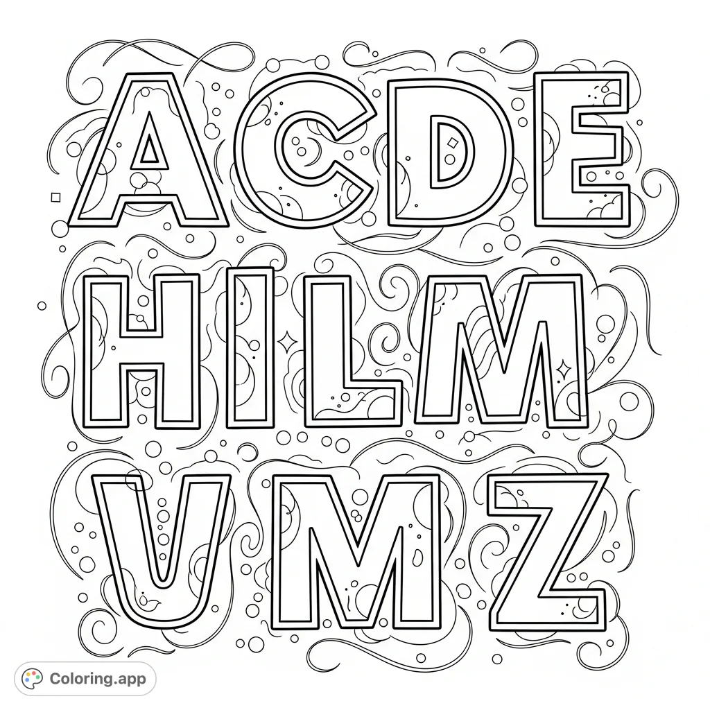 A creative outline letters coloring page filled with elegant decorations for personalized name art. Perfect for all ages to customize.