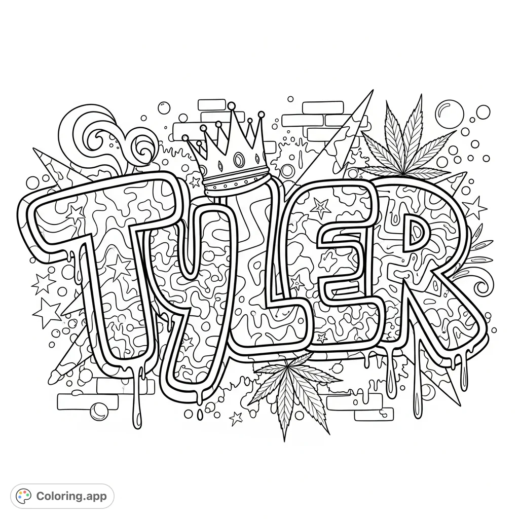 Explore urban art with the 'Tyler' graffiti coloring page, featuring dynamic letters, bold outlines, and energetic patterns for creative expression.