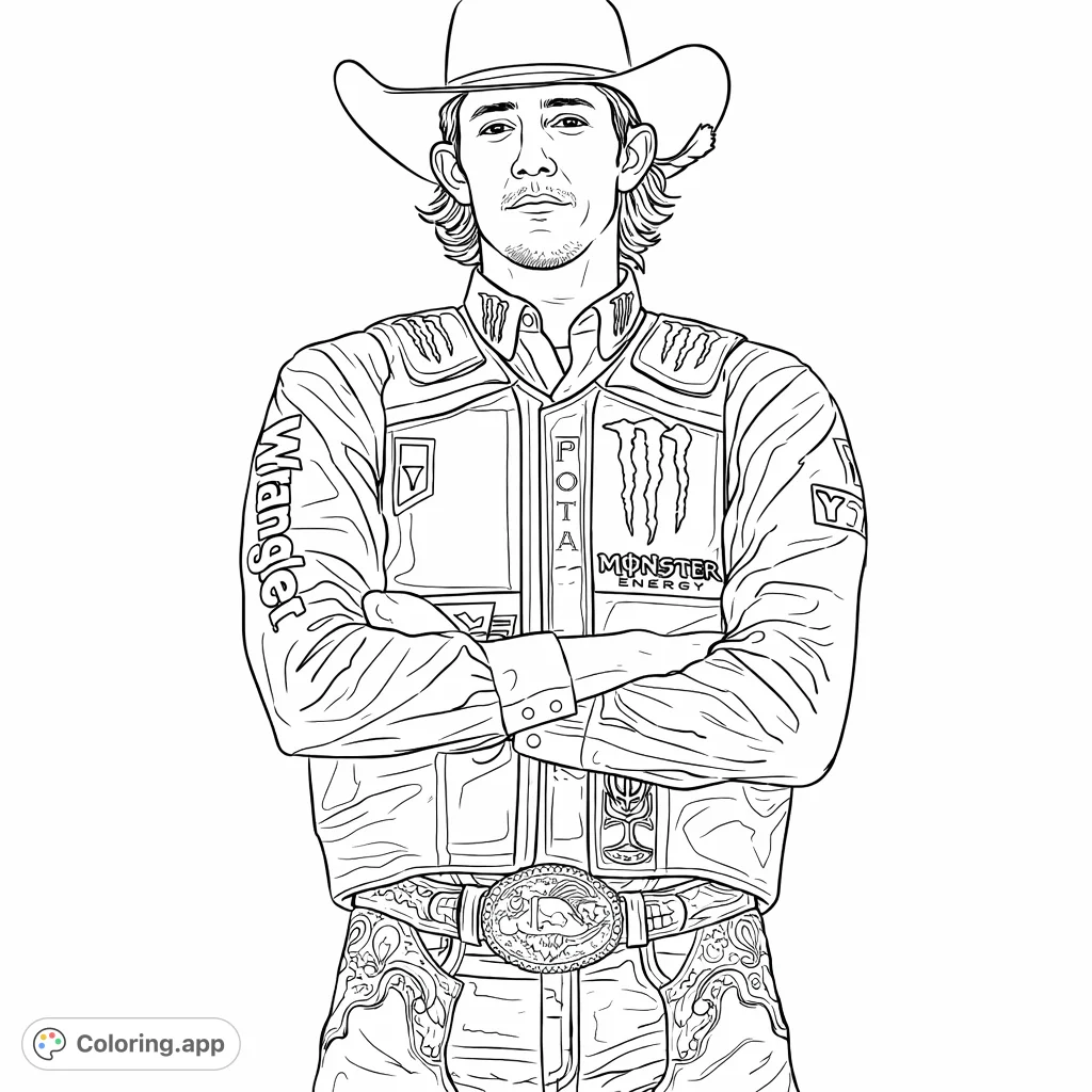 A striking bull rider with a cowboy hat and protective gear, ready for action. Features a detailed belt buckle and chaps for an authentic western feel.
