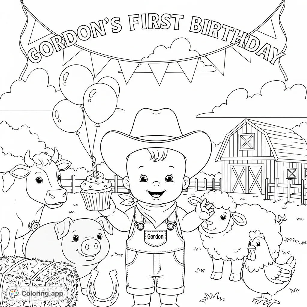 Celebrate Gordon's first birthday with this charming western and farm coloring page! Features baby Gordon, friendly animals, and festive party elements.