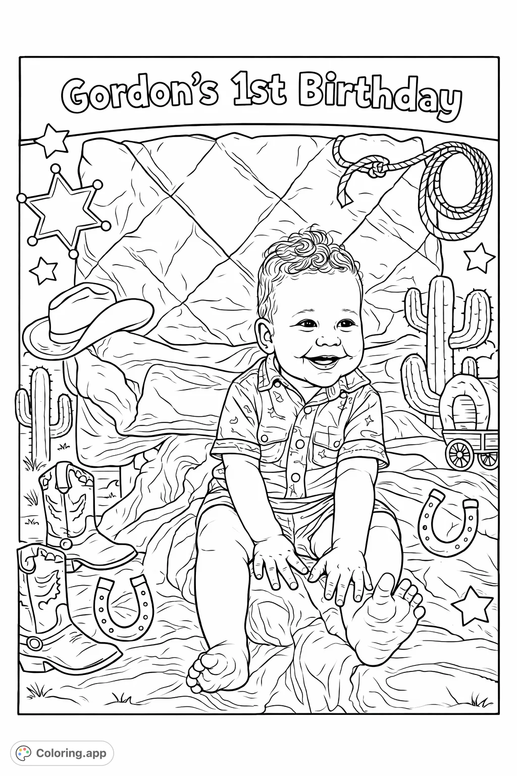 Celebrate Gordon's 1st birthday with this Western cowboy baby coloring page, featuring a joyful infant on a quilted background, ready for adventurous colors. Free printable coloring page.
