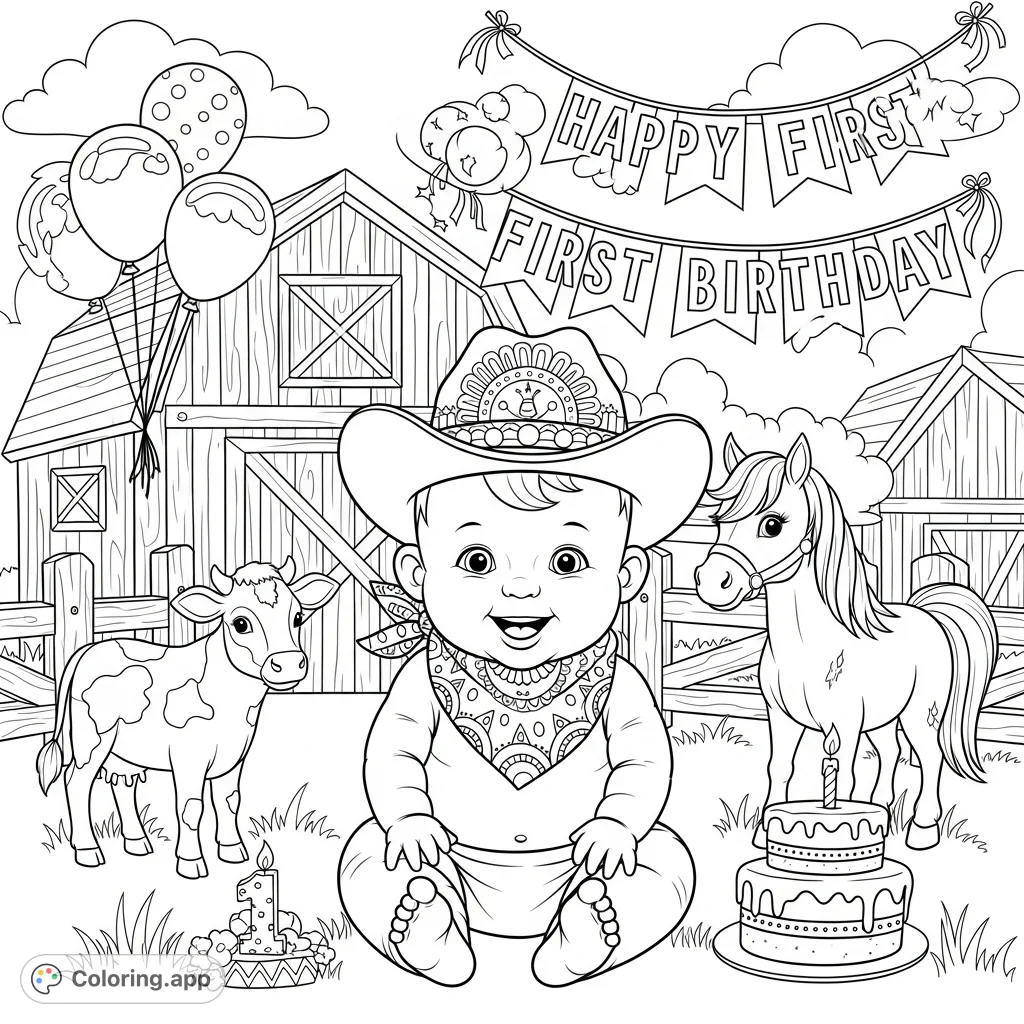 Celebrate a special milestone with this adorable rodeo first birthday coloring page featuring a cheerful baby, friendly farm animals, and festive party decorations.