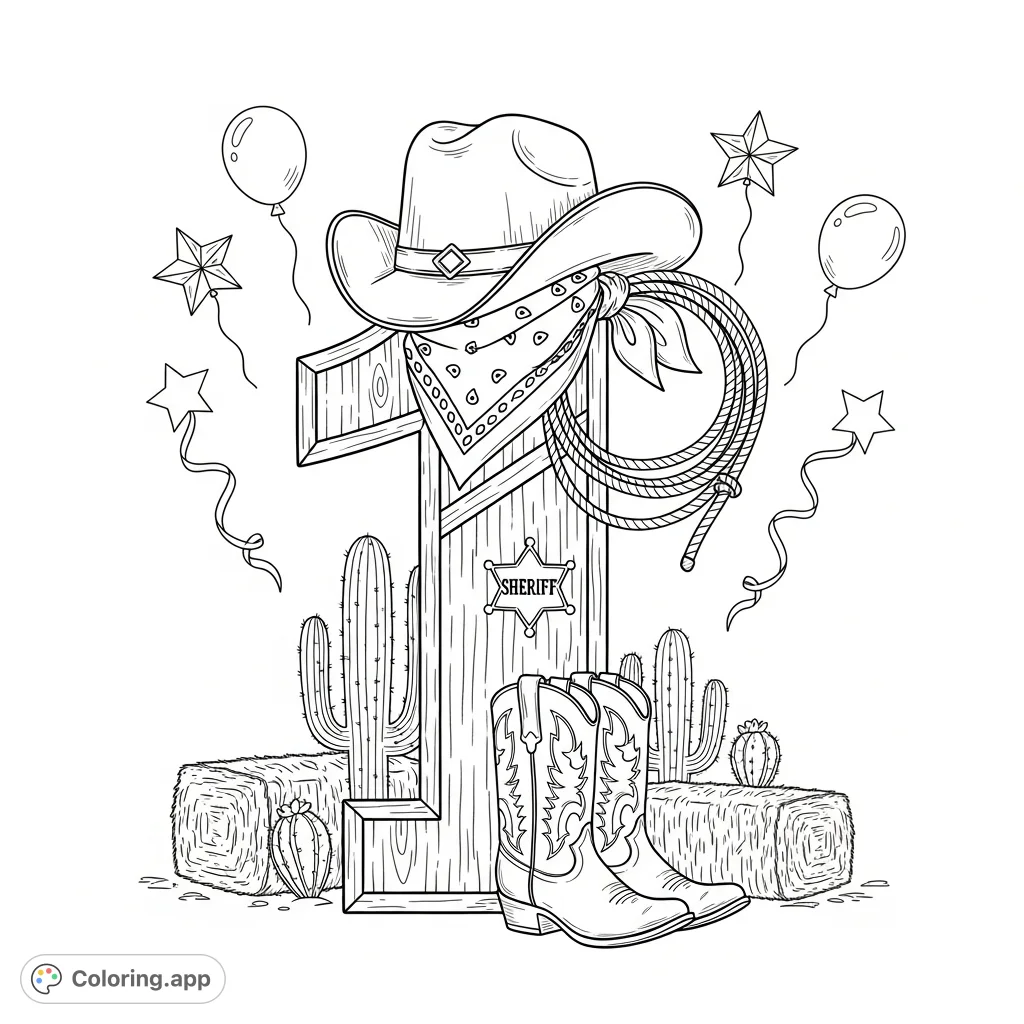 Celebrate a Western 1st birthday with this fun coloring page featuring a rustic numeral one, cowboy hat, boots, lasso, and party decorations.