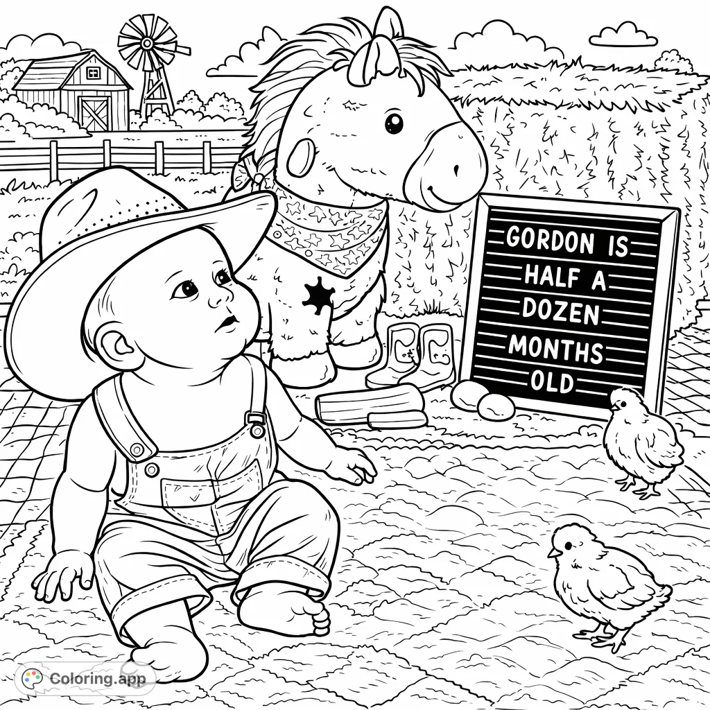 A charming western farm coloring page featuring an adorable baby cowboy, a rocking horse, and playful chicks amidst farm elements. Perfect for little artists!