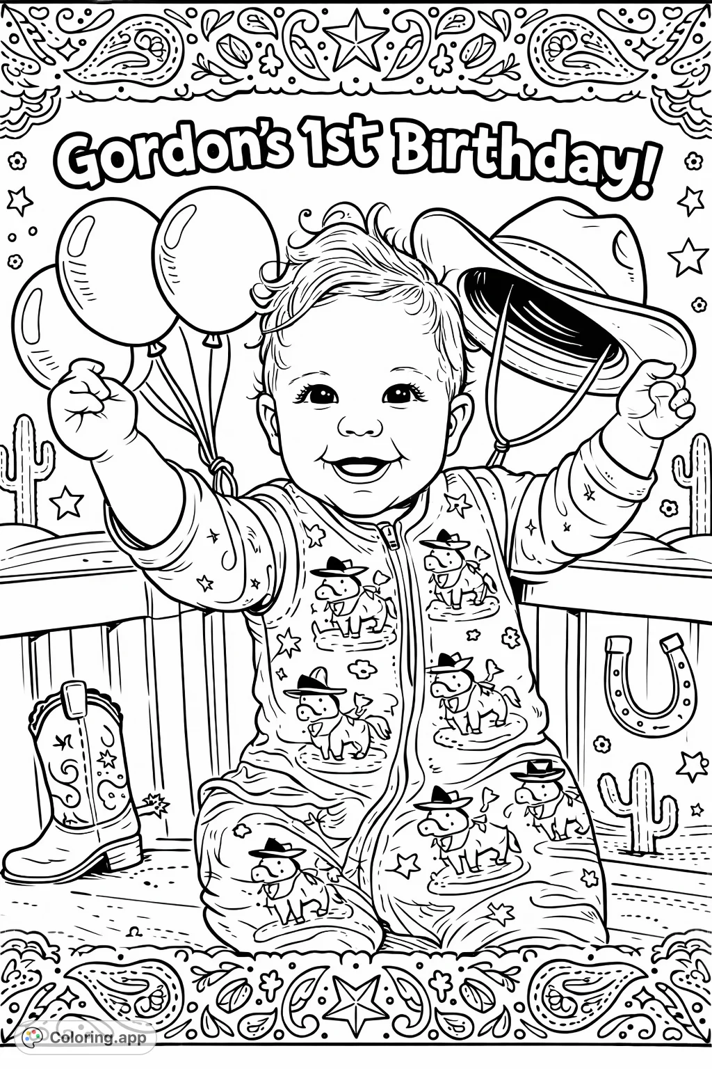 Celebrate Gordon's 1st birthday with this adorable baby coloring page! Features a smiling baby holding balloons, wearing a cow-patterned sleep sack.