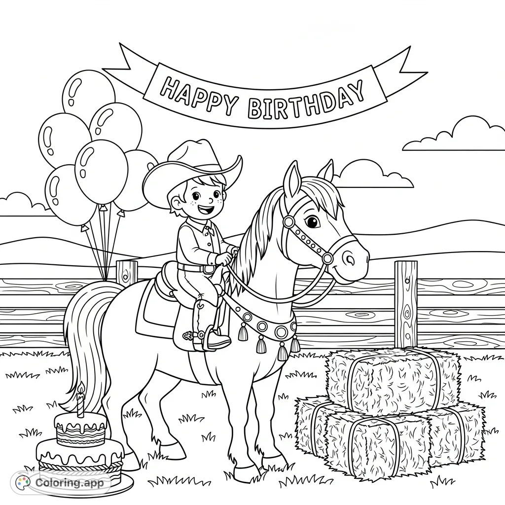 Celebrate a festive rodeo birthday! A child on a horse, surrounded by balloons, cake, and a 'Happy Birthday' banner in a charming ranch setting.