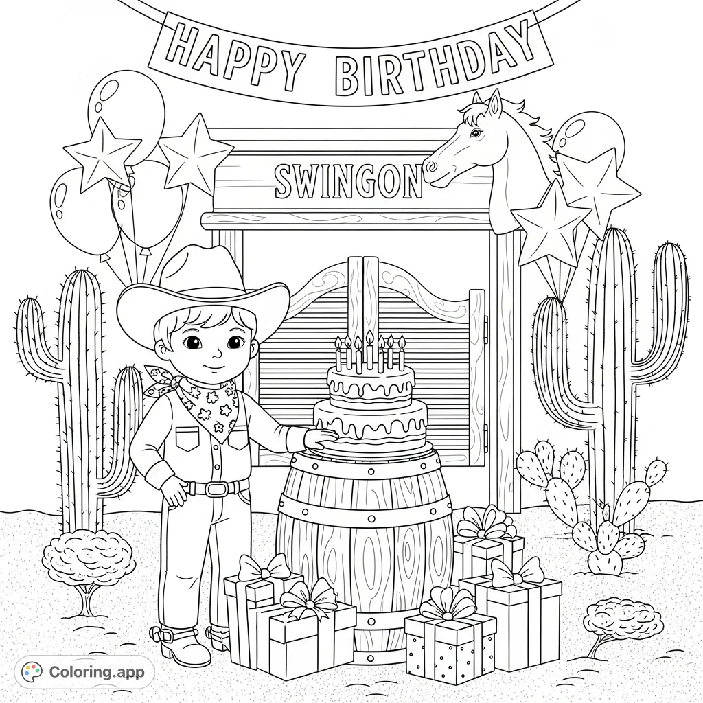 Celebrate with a festive Western birthday coloring page featuring a cowboy/cowgirl, cake, and gifts. A rootin' tootin' good time awaits your creative touch!