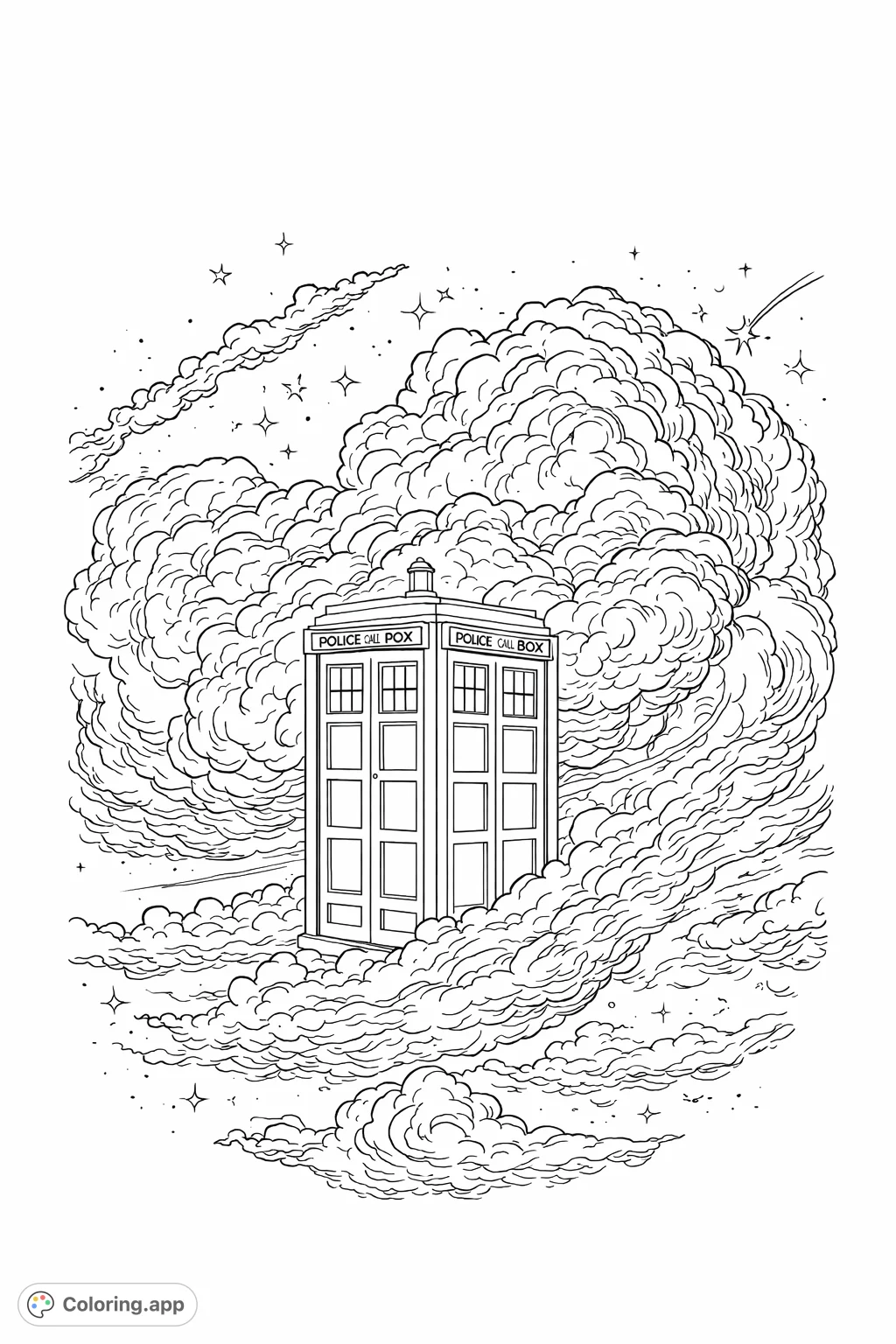 A detailed police box floats amidst a dramatic, swirling cloudscape filled with distant stars. An adventurous fantasy scene for all ages.