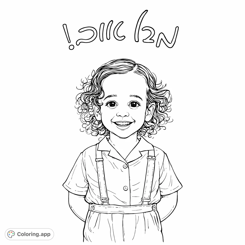 A delightful coloring page featuring a smiling child with curly hair and suspenders, celebrating joy. Perfect for kids and free printable fun.