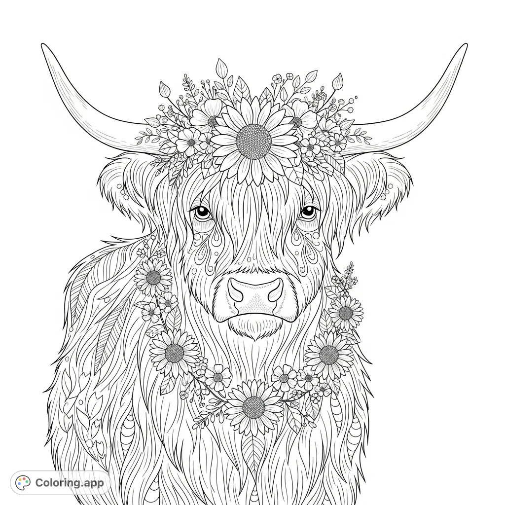 A serene boho highland cow, adorned with intricate floral patterns and sunflowers, offering a detailed and engaging coloring experience for adults.