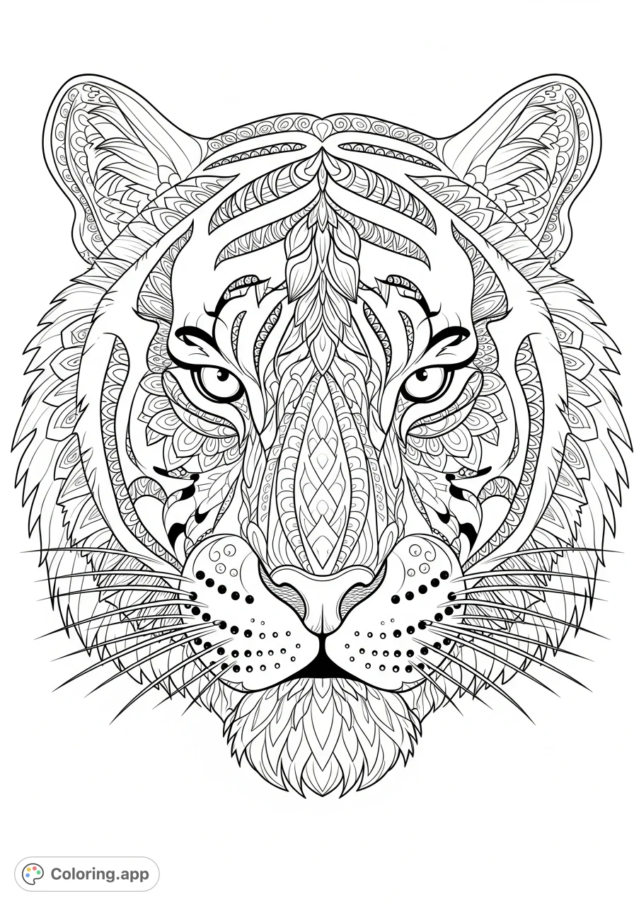 Unleash your creativity with this intricate tiger face coloring page, featuring detailed zentangle, mandala, and tribal patterns instead of stripes. Perfect for adult colorists.