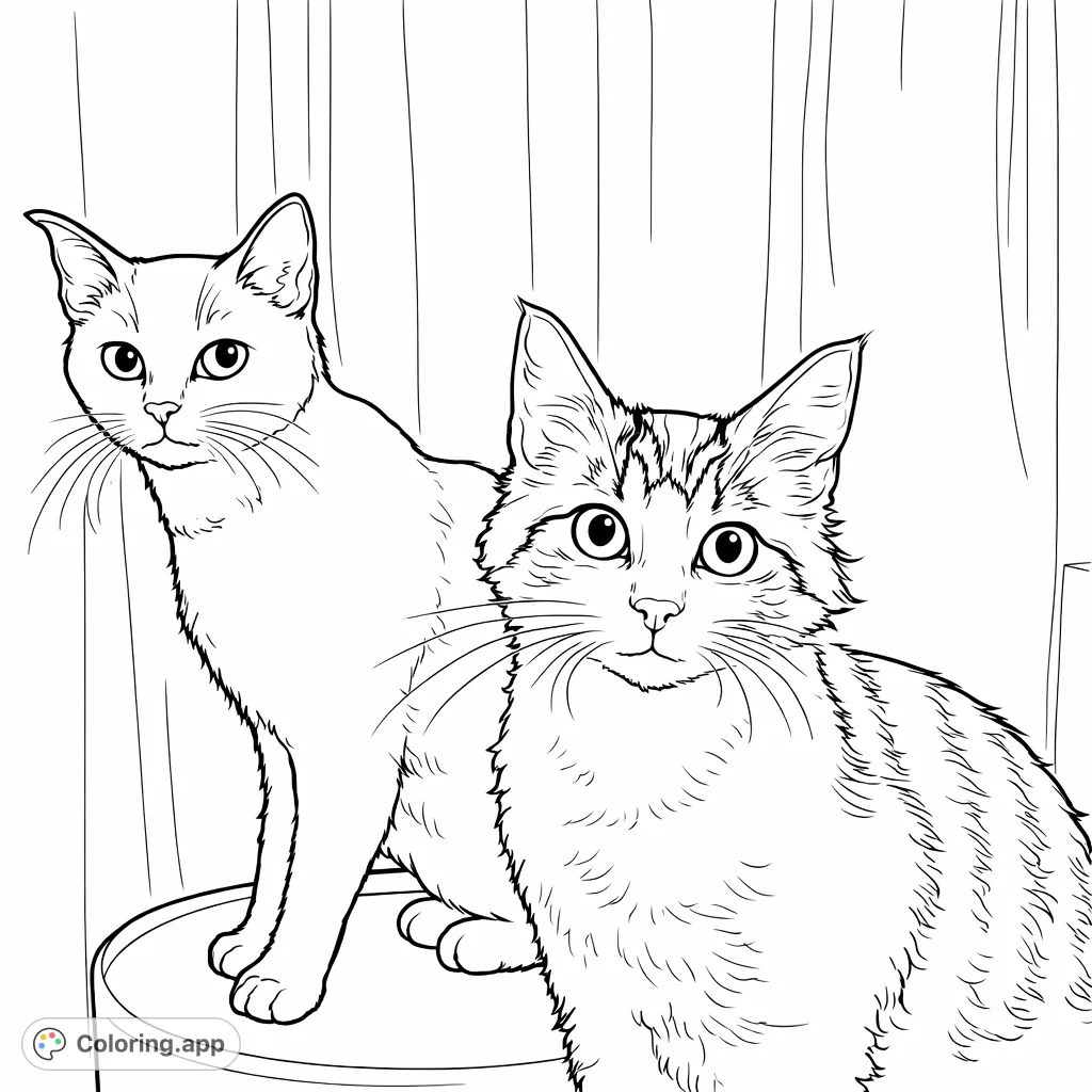 Discover this charming cat coloring page featuring two adorable felines. Perfect for all ages, explore textures, and bring these furry companions to life!