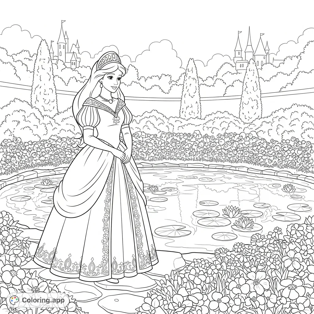 A graceful princess poses by a serene pond in a royal garden, surrounded by enchanting flowers and hints of a grand kingdom, perfect for imaginative coloring.