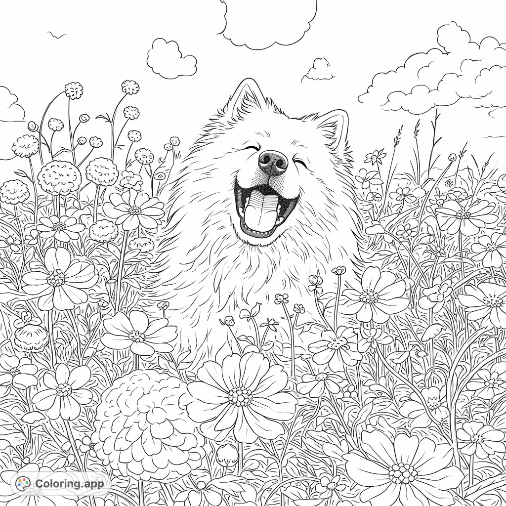 A fluffy dog with a wide smile sits amidst a field of abundant wildflowers and tall grasses under a sky with gentle clouds. Perfect for nature and pet lovers.