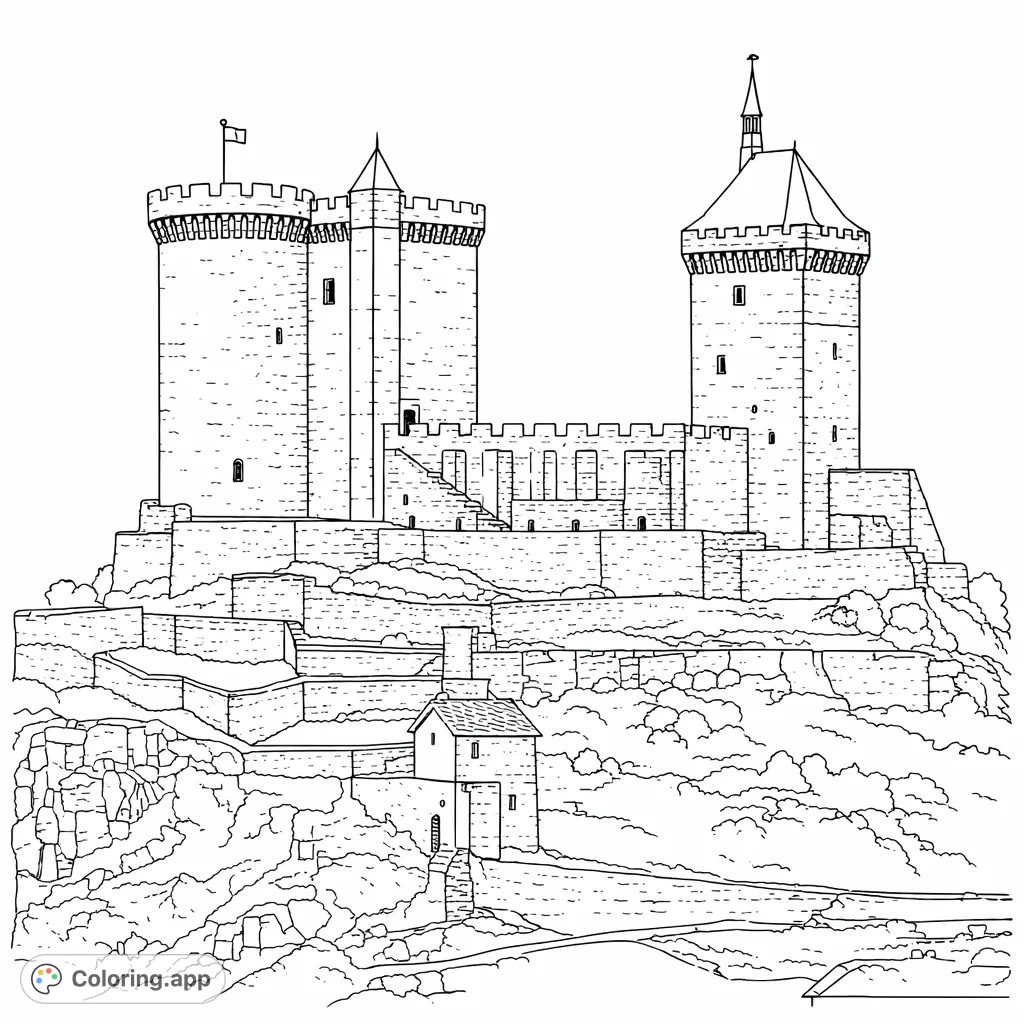 Explore a grand medieval castle atop a rugged hill, featuring imposing towers, battlement walls, and terraced grounds. Perfect for history and architecture enthusiasts.