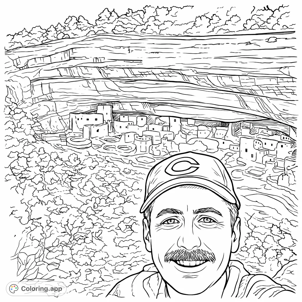 Explore a detailed ancient cliff dwellings coloring page, nestled within a grand rock formation. Perfect for history enthusiasts and detail-oriented colorists.