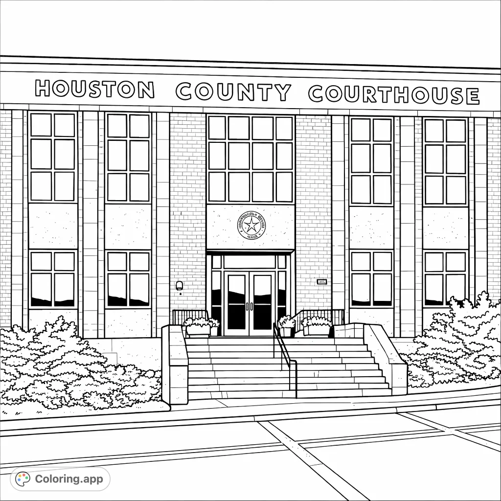 Explore the historic Houston County Courthouse with this detailed coloring page, featuring classic architecture, prominent signage, and surrounding landscape.