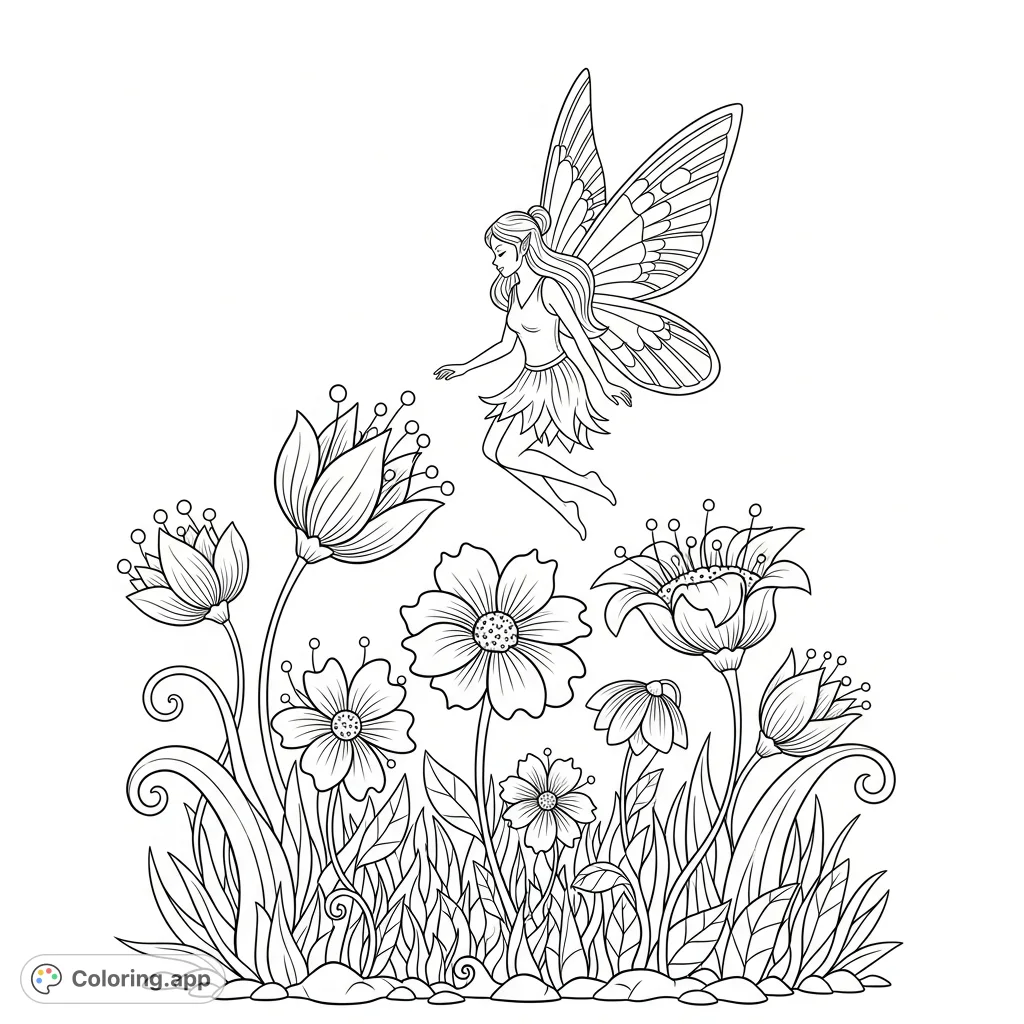 A graceful fairy with shimmering wings hovers in an enchanted garden, surrounded by magical flowers and whimsical foliage, perfect for a fantasy coloring page.