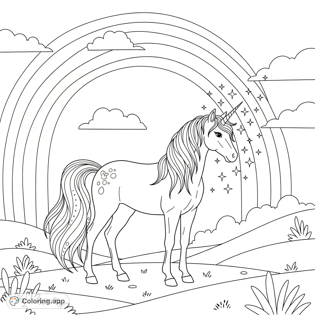 A majestic unicorn with sparkling details stands beneath a beautiful arching rainbow in a magical fantasy landscape. A perfect fantasy unicorn coloring page!
